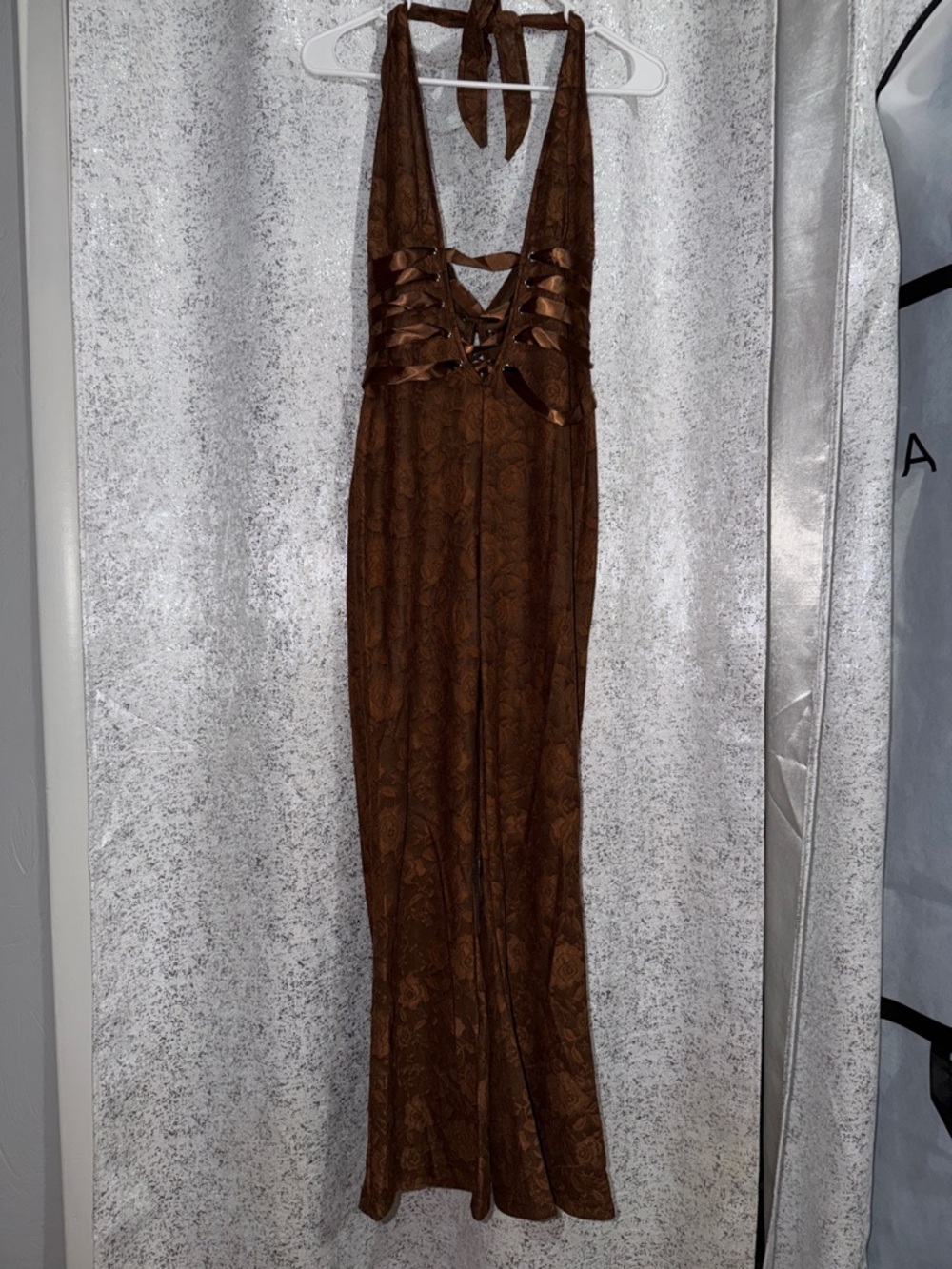 Brown Floral Lace-Up Halter Jumpsuit